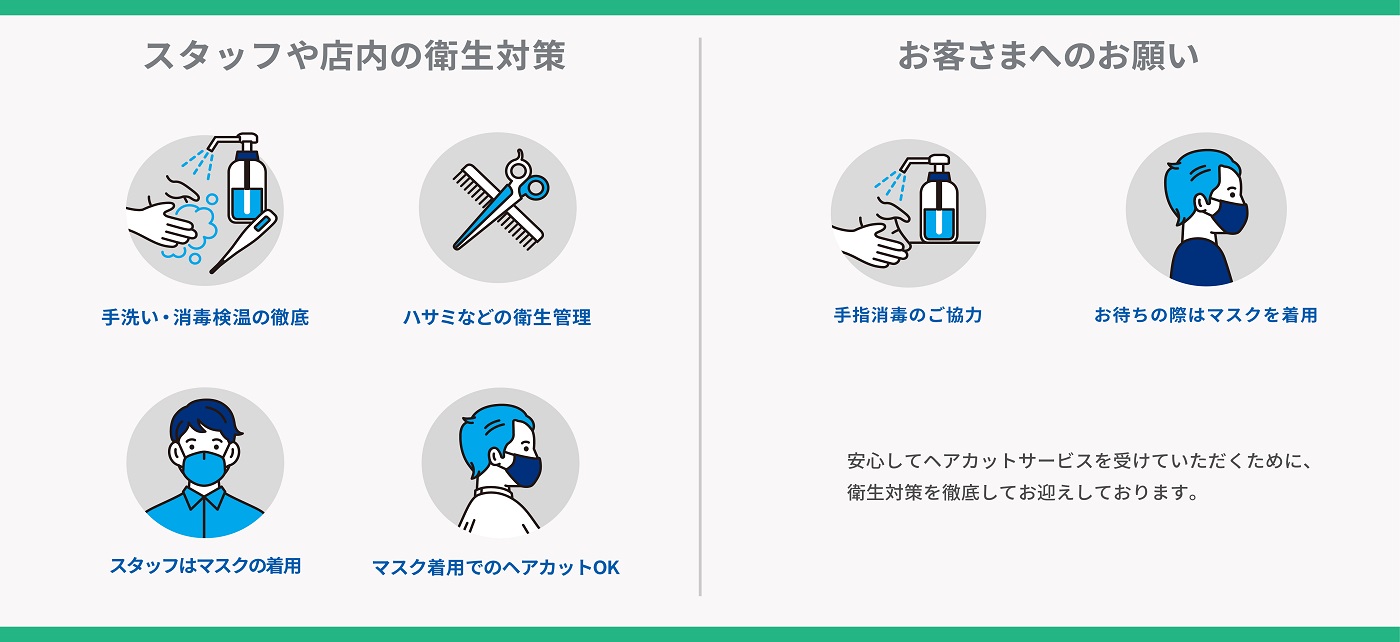 FaSSは全店舗において、以下の4点を徹底します。体調管理の徹底 マスクの徹底 消毒の徹底 衛生管理の徹底　お客さまにおかれましては、以下の4点のご協力をお願いします。来店時のお願い（消毒、マスク着用） 受付機ご利用のお願い 待合時のお願い（間をあけてお待ちください） セルフのお願い（手荷物はクローゼットへ）